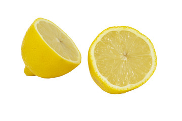 an yellow lemon fruit cut in half isolated on a white background