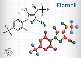 Fipronil, broad-spectrum insecticide molecule. It is used to fight ants, beetles, cockroaches, fleas, ticks, termites and other insects. Structural chemical formula and molecule model. Sheet of paper 