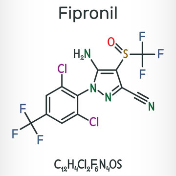 Fipronil, broad-spectrum insecticide molecule. It is used to fight ants, beetles, cockroaches, fleas, ticks, termites and other insects. Structural chemical formula