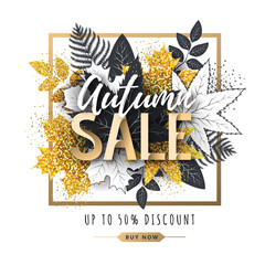 Autumn big sale typography poster with golden and black autumn leaves. Nature concept