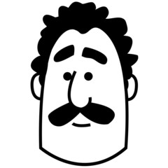 Face of a man with black curly hair and thick mustache.  turkish face, black, white, illustration.