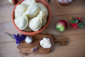 Ukrainian dumplings. view from above. Lunch concept. Ukrainian dumplings. country style. copyspace