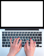 Close-up of a young girl's hands typing on a laptop with white screen. Copy space.