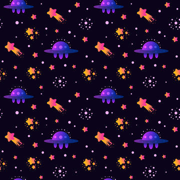 Vector Colorful Seamless Pattern with Cartoon Rockets, Planets, Stars, Spaceship, Comets and UFOs. Perfect for kids design, fabric, wrapping, wallpaper, textile, apparel.
