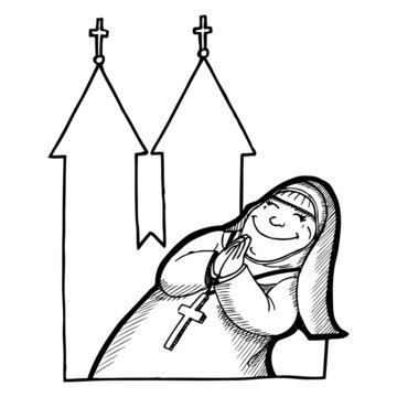 smiling nun praying near church clip art preview