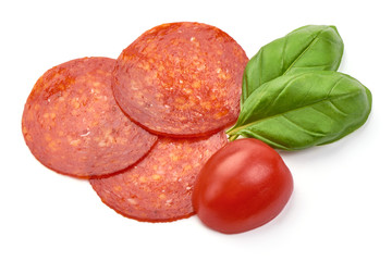 Chorizo sausage slices, Traditional spanish sausage, isolated on white background