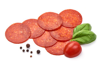 Chorizo sausage slices, Traditional spanish sausage, isolated on white background