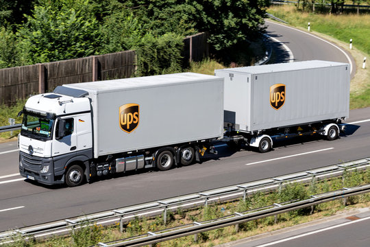 WIEHL, GERMANY - JUNE 29, 2018: UPS truck on motorway. UPS is the world's largest package delivery company and a provider of supply chain management solutions.