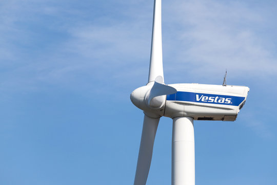 MAASVLAKTE, THE NETHERLANDS - June 26, 2018: Vestas wind turbine against blue sky. Vestas Wind Systems A/S is a Danish manufacturer, seller, installer and servicer of wind turbines.