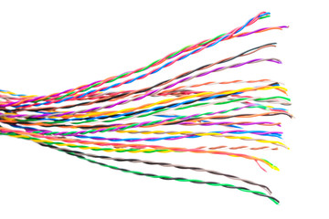 Multi-colored  electrical wires are on a white background. Telecommunication communication wires are intertwined. Thin colored telephone cable.