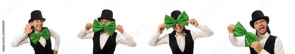 Poster Man with big green bow tie in funny concept