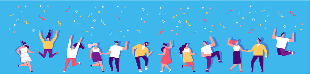 Party people vector horizontal banner. Dancing people. Flat vector characters. Birthday party, student party, celebration, event. Happy people isolated on white background. 