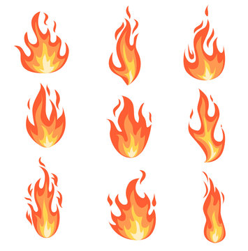 Set of fire flames. Collection of yellow, red and orange hot flaming element. Group of isolated cartoon style templates for game design, web, advertise, animation. Vector illustration.