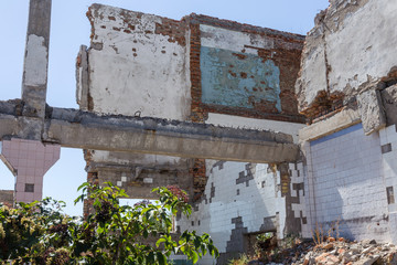 Ruined house. Remains of old houses. Apocalypse. Abandoned city. City of ghosts. Ruins of old...