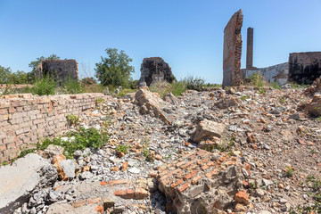 Ruined house. Remains of old houses. Apocalypse. Abandoned city. City of ghosts. Ruins of old...