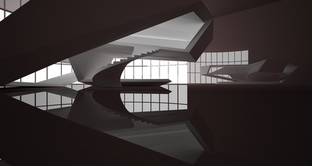 Obraz premium Abstract architectural white and brown gloss interior of a minimalist house with large windows.. 3D illustration and rendering.