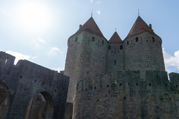 Fototapeta na wymiar Ramparts of Medieval City of Carcassonne citadel in France