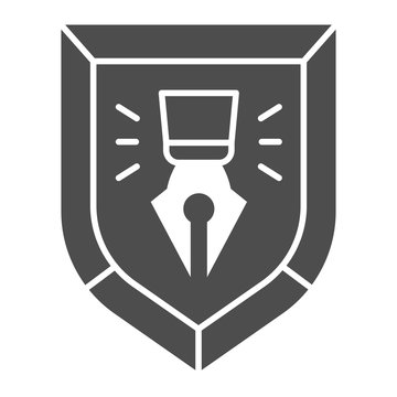 Fountain pen in shield solid icon. Copyright protection emblem vector illustration isolated on white. Fountain pen bage glyph style design, designed for web and app. Eps 10.