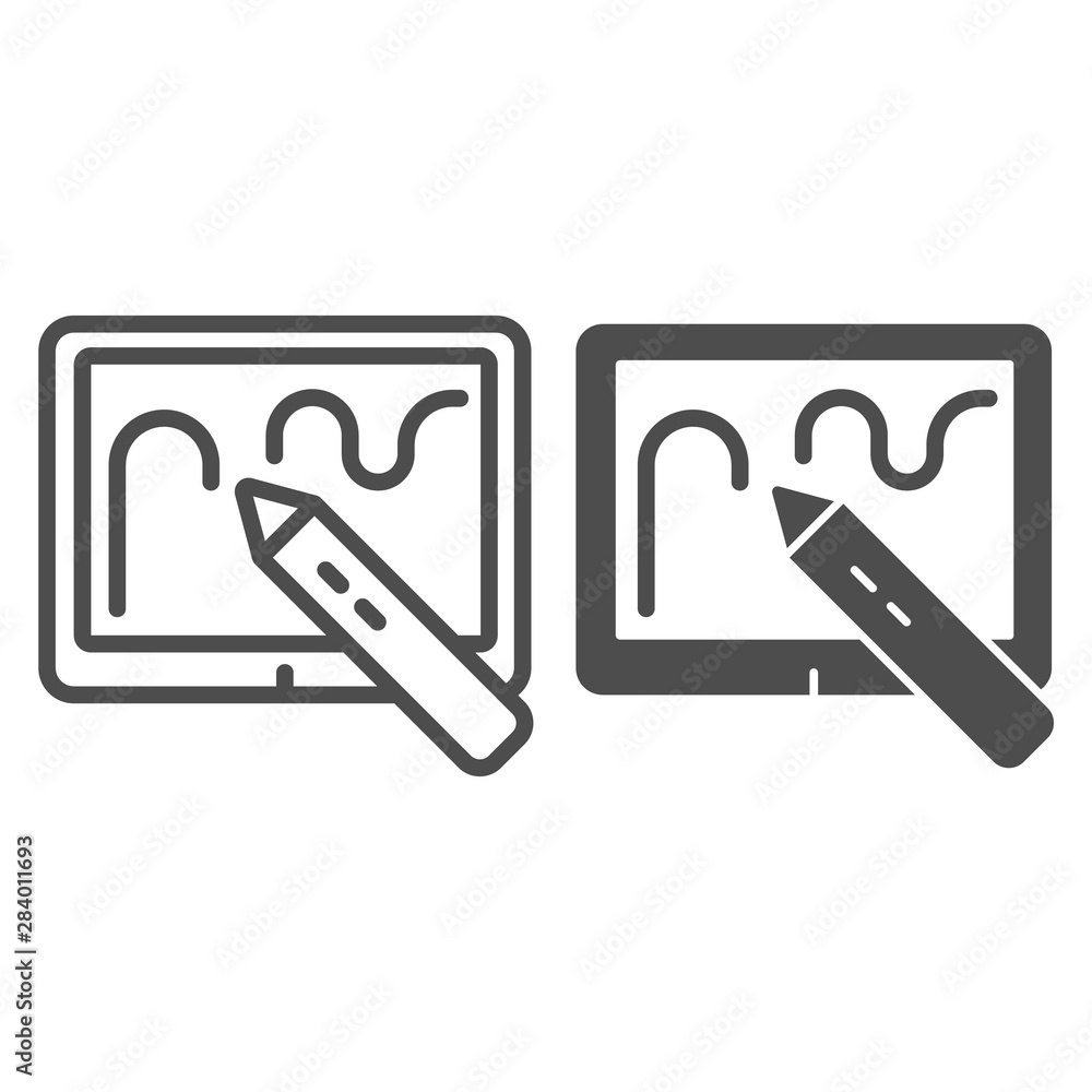 Poster graphic tablet with pen line and glyph icon. digital drawing vector illustration isolated on white. 