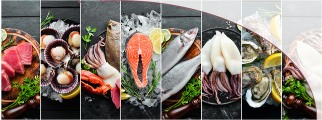 Banner. fish and seafood arrangement on black stone background.