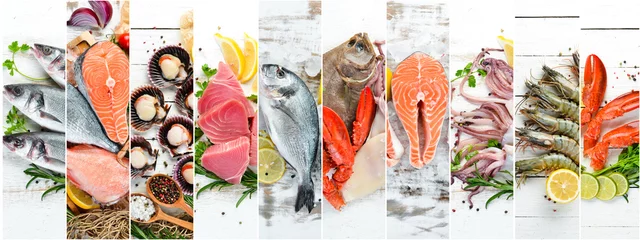 Banner-Collage. Fisch und Meeresfrüchte auf weißem Holzhintergrund. © Yaruniv-Studio