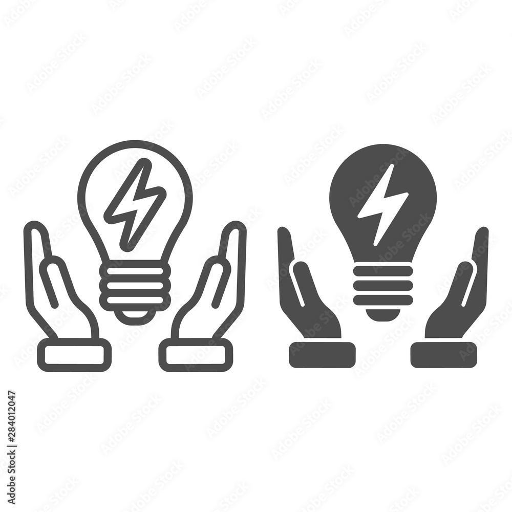 Poster solution line and glyph icon. light bulb in hands vector illustration isolated on white. innovation 