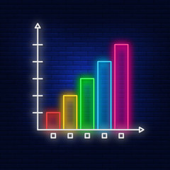 Neon-light graphics. Vivid graphics is growing. Modern vector logo, banner, shield, growth chart pattern. Night advertising on the background of a brick wall.