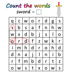 Worksheet. Game for kids - find and count the words. Visual Educational Game for children. Learning math and words.
