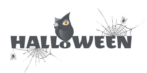 Halloween text with an owl, cobwebs and spiders. The font stylized in the center represents an owl.
