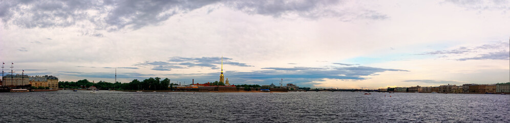 Fototapeta premium Peter and Paul fortress panoramic view. Saint-Petersburg, Russia. Ships on Neva river.