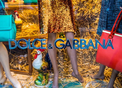 Detail of Dolce & Gabbana shop in Milan.  It is an Italian luxury industry fashion house founded in 1985.