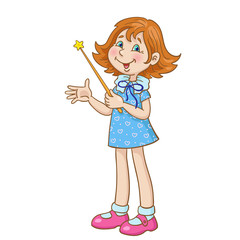 Funny little girl stands with a magic wand in hand. In cartoon style. Isolated on white background.