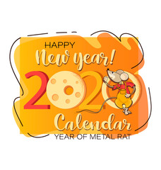 Cute rat with cheese on an orange background. Happy new year 2020. Chinese symbol of the year. Cute mouse symbol on a dynamic banner for calendar cover.