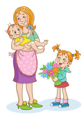 Friendly family. Mother with baby and little daughter. In cartoon style. Isolated on white background.