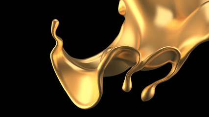 Elegant, luxury splash of gold liquid. 3d illustration, 3d rendering.