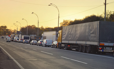 Traffic jam on the two-way intercity road caused by an accident. Ukraine.