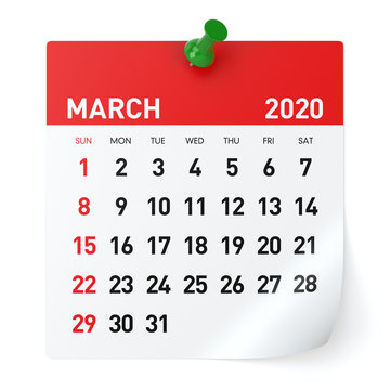 March 2020 - Calendar. Isolated On White Background. 3D Illustration