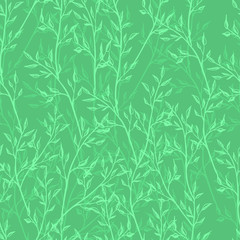Editable teal blue-green vector endless texture with thin twigs for fabric and decoration. spring romantic seamless pattern. almost plane colours in shades, jade green.