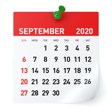 September 2020 - Calendar. Isolated on White Background. 3D Illustration