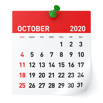 October 2020 - Calendar. Isolated on White Background. 3D Illustration