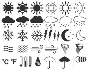 Collection of icons for weather forecast illustration. Vector climatic symbols.