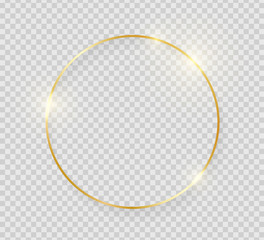 Gold shiny glowing vintage frame with shadows isolated on transparent background. Golden luxury realistic round border. Vector illustration