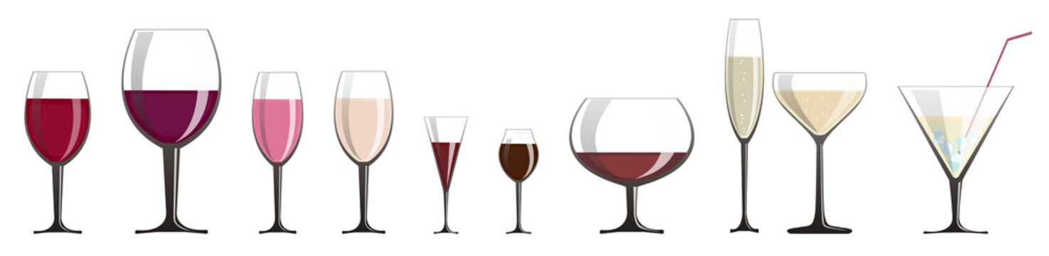 a set of glasses of different shapes with a variety of wines and light alcoholic beverages.