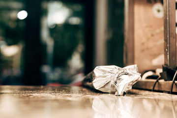 turkish doner kebab in aluminium foil on table