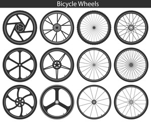 Bicycle Wheels with different tires: mountain, sports, touring, trekking, city and road.