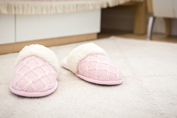 Woman house slipper on floor carpete slippers