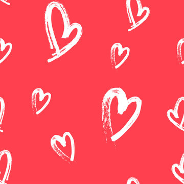 Heart doodles seamless love pattern. Hand drawn brushed hearts. Red Background texture for valentine's day.