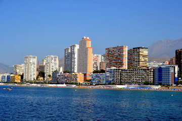 Sunny panoramic view on Benidorm city with seafront in Alicante Mediterranean of Spain