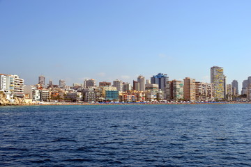 Fototapeta na wymiar Sunny panoramic view on Benidorm city with seafront in Alicante Mediterranean of Spain