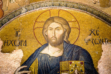 Christ pantocrator. Mosaic in Cora Church - obrazy, fototapety, plakaty